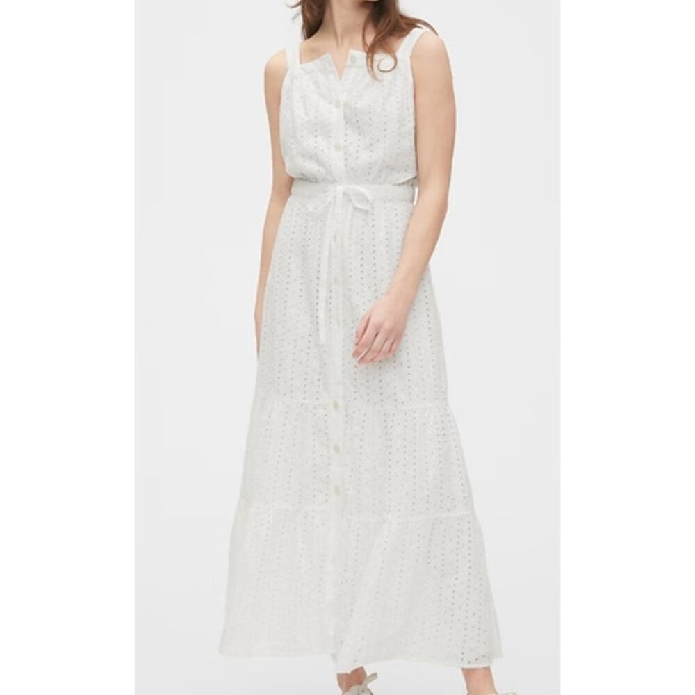 GAP Women's Maxi Multi tier Sun Dress 8 Tall White Apron Sundress Eyelet Cotton